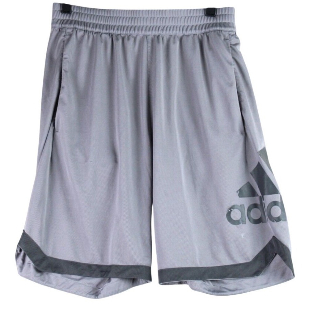 Adidas Men's Athletic Shorts Gray Large Logo Elastic Waist Pockets